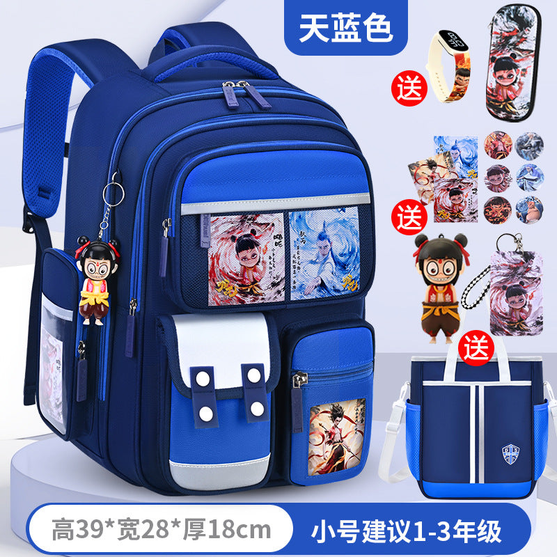 New nezha backpack for elementary school students, grades 1-6, lightweight, spine-protecting, load-reducing, large capacity for boys and girls