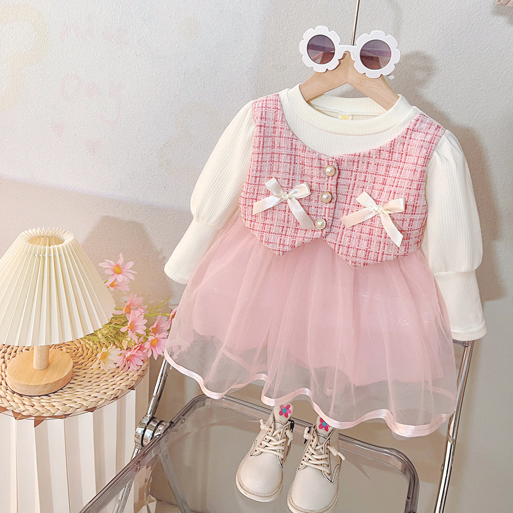 Baby girl dress spring new style little girl fashionable chic spring and autumn girl sweet tulle dress long sleeve dress