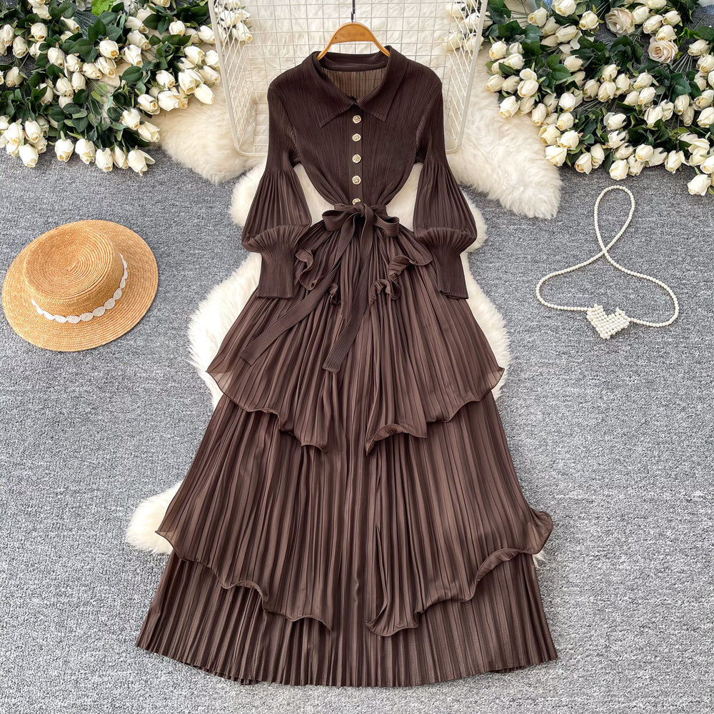 K-style lantern sleeve dress women's waist strap rufflespleated cake skirt slimming look long skirt