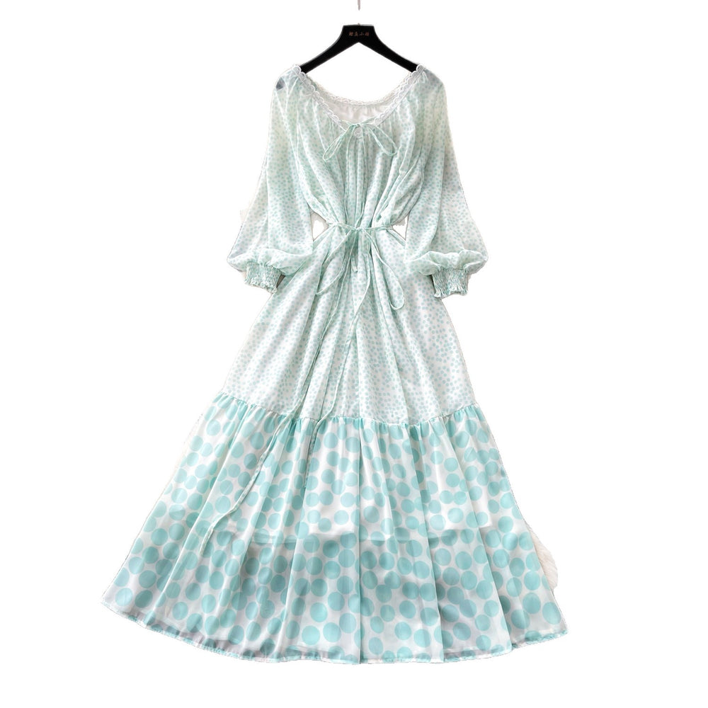 K-styleretro polka dot floral dress women's springlong sleevesv neck waist a-line skirtelegantslimming lookwork clothing skirt