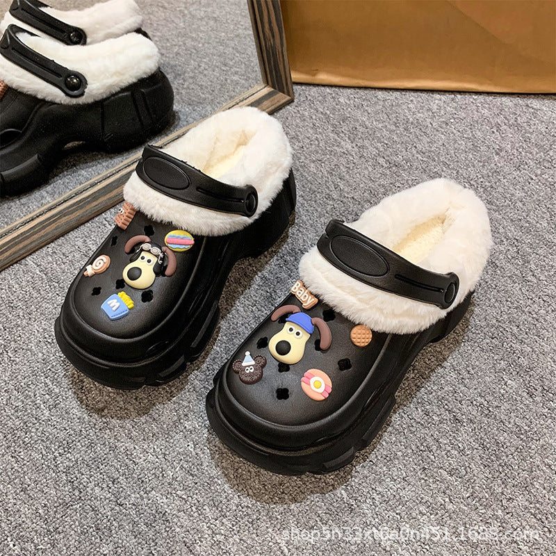 2024 cartoon cotton slippers for girls, new autumn/winter thick-soled, height-increasing, non-slip, two-wear style, fleece-lined warm fuzzy clogs
