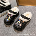 2024 cartoon cotton slippers for girls, new autumn/winter thick-soled, height-increasing, non-slip, two-wear style, fleece-lined warm fuzzy clogs