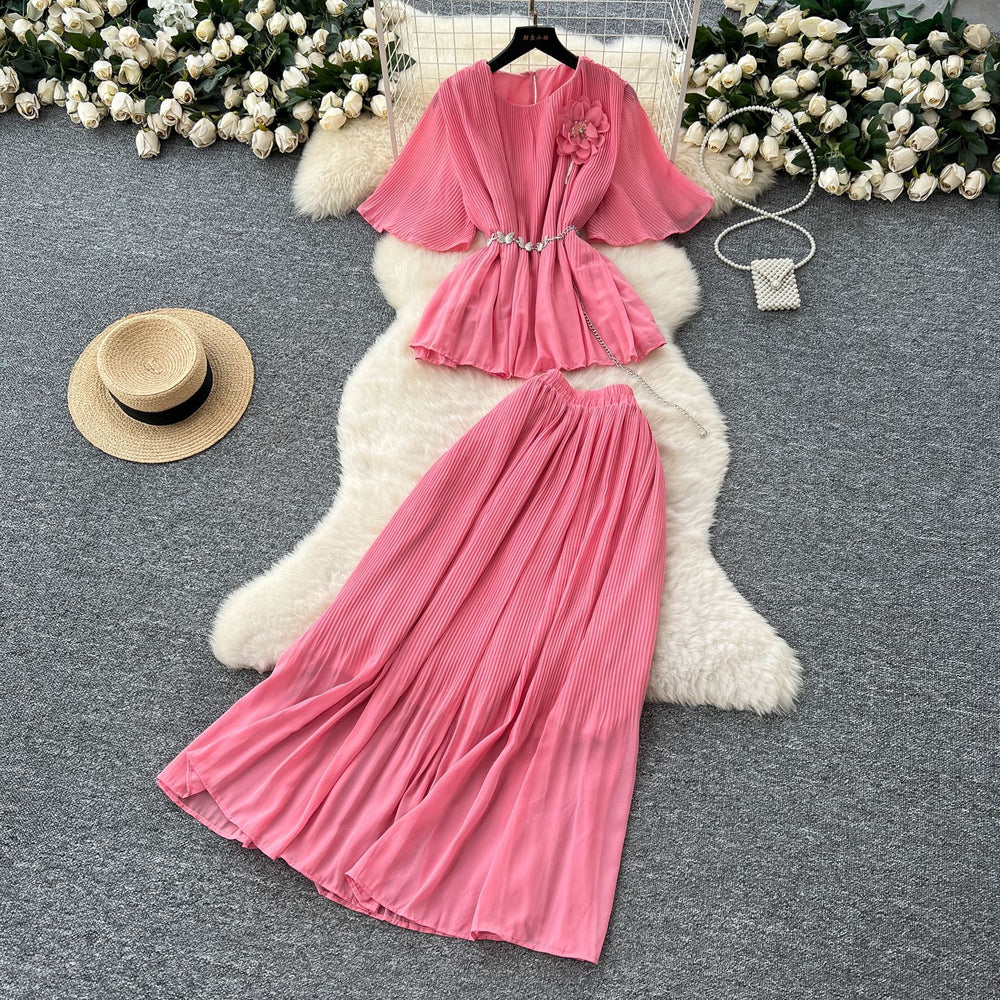 French style women's summer outfit: premium 3d floral tie-waist short-sleeve pleated top + high-waisted midi skirt