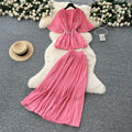 French style women's summer outfit: premium 3d floral tie-waist short-sleeve pleated top + high-waisted midi skirt