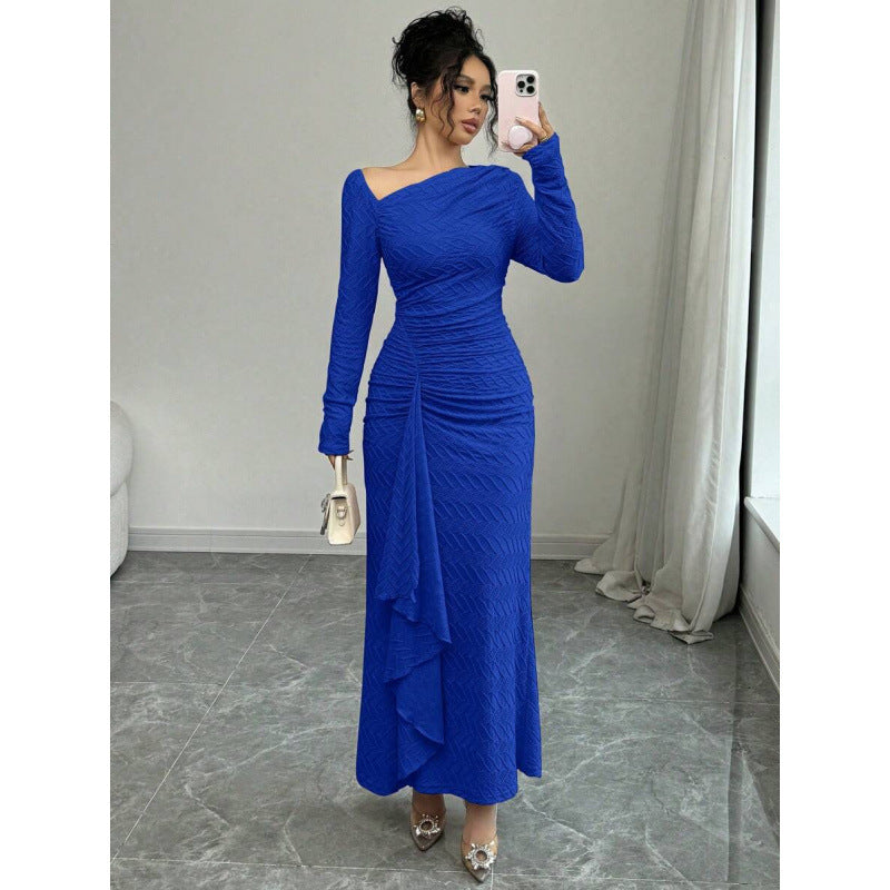 fashion  autumn new arrival elegance asymmetric slant neck waist ruffles long sleevesdress