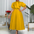 C8481 european and american style women's clothing  new arrival: elegant tie-up bow midi dress - african export