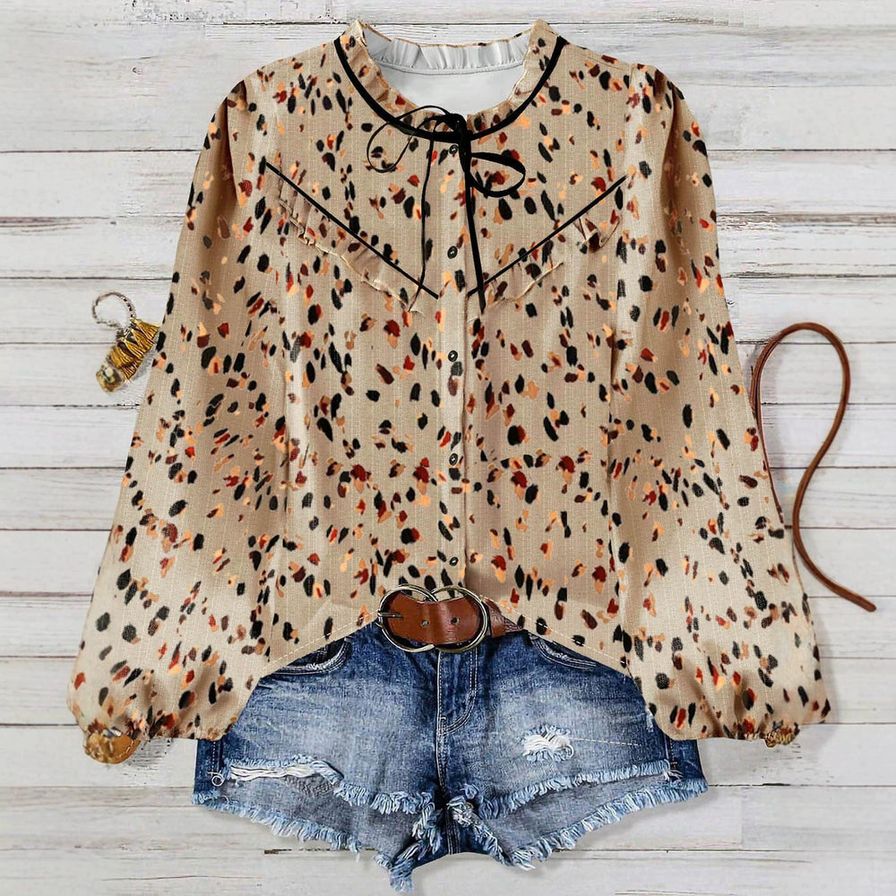 fashionretro spotted shirt, light khaki bottom, colorful leopard print, stand-up collar, ribbon patchwork, lotus leaf looselong sleeves