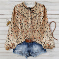 fashionretro spotted shirt, light khaki bottom, colorful leopard print, stand-up collar, ribbon patchwork, lotus leaf looselong sleeves