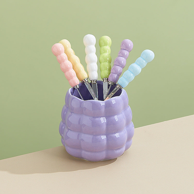 Dopamine color mixing stainless steel fruit forks, high-value afternoon tea dessert fork and spoon set with ceramic storage jar