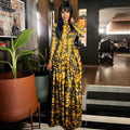 European and american style ins cross-border retro elegant women's clothing pleated large swing a-line skirt high collar long sleeves printed waist dress