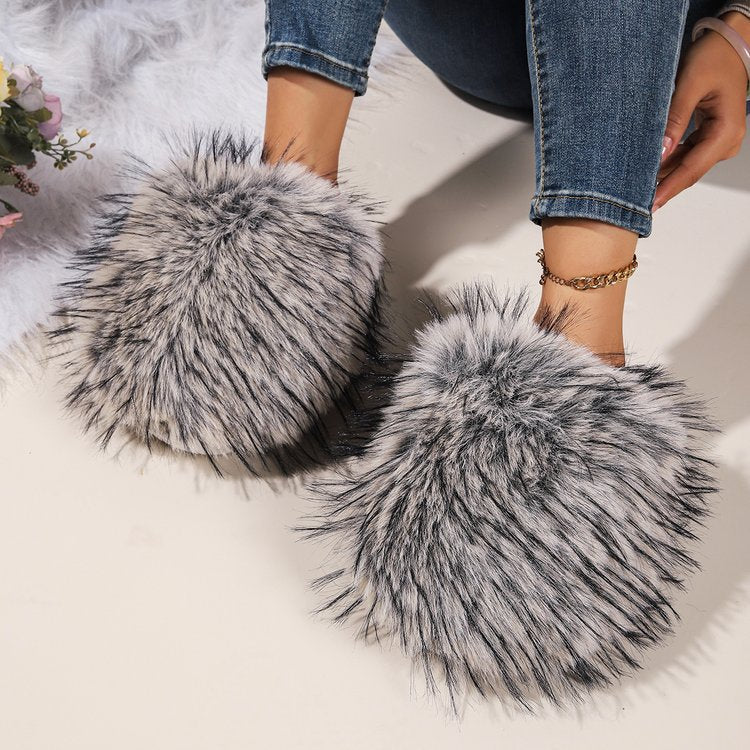 plus sizepure color fluffy large fur slippers soft bottom winter toe-cap home heattech multi-color cotton slippers
