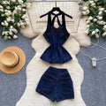 Spicy girl style halter denim vest and shorts two-piece set - women's summer slim-fit, figure-flattering, chic outfit for work and casual wear