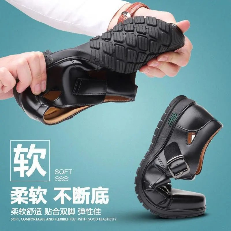 Men's leather shoes - business casual, formal, soft sole, anti-slip, summer sandals, dad shoes for middle-aged and elderly men - black