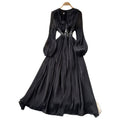 French retro red v-neck lantern sleeve beaded dress - women's slimming, figure-flattering, elegant, and flowy maxi dress