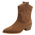 new women's short western cowboy boots - suede, chunky heel, pointed toe, v-cut, slimming, british style, retro ankle boots