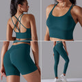 fashion seamless pure color cross back sports bra vest yoga suit running fitness three-piece set