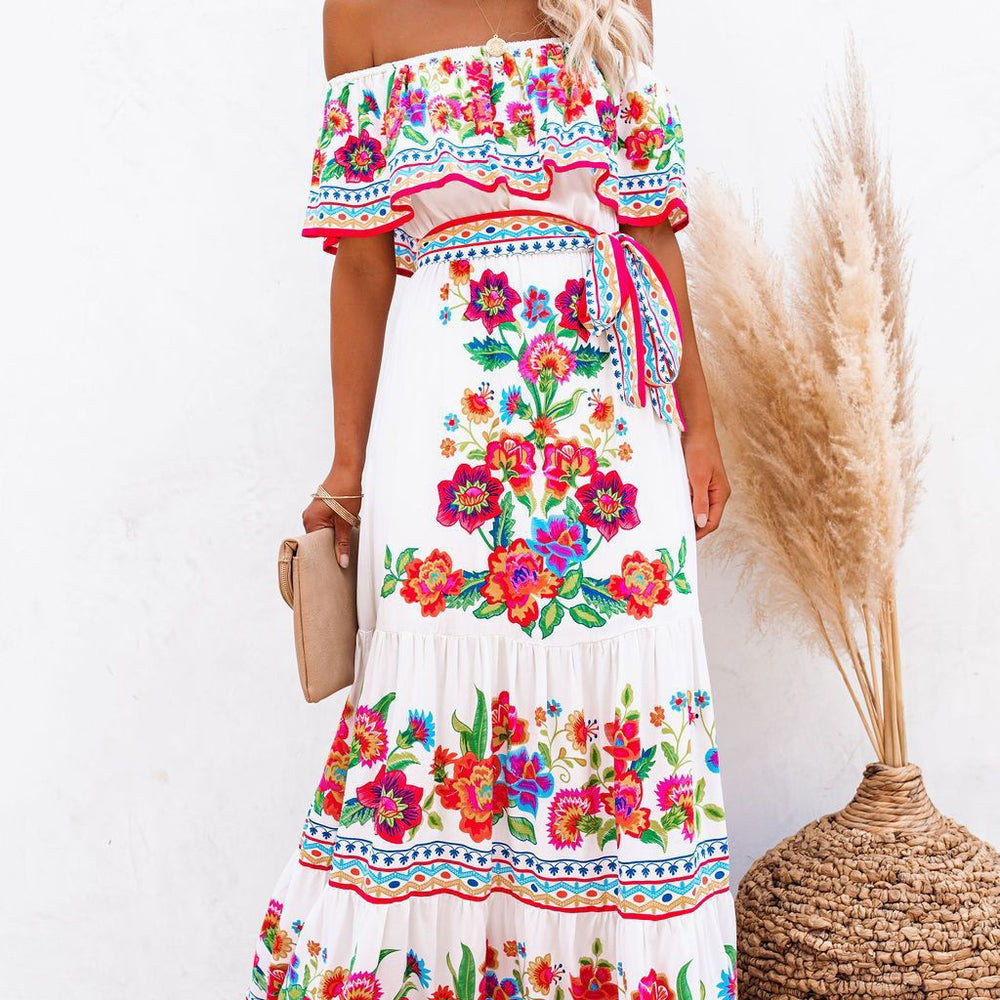 independent station new arrivalfashion spring summer one shoulder red flower printing long swing dress for women
