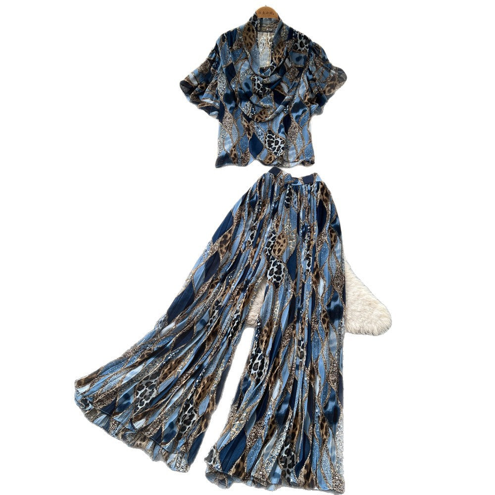 Leopard print vacation-ready two-piece set: summer chic, high-waisted wide-leg pants, effortlessly stylish and youthful