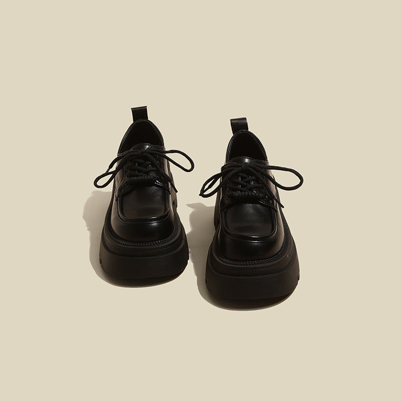 British style women's leather loafers - new autumn/winter 2026 collection - height increasing chunky sole black mary janes with lace-up closure