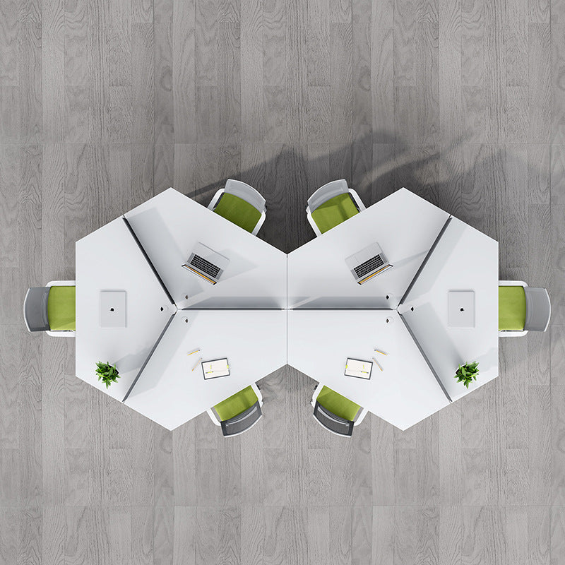 Office workstation desk set - creative 3-person irregular shaped desk and chair combination for multiple employees