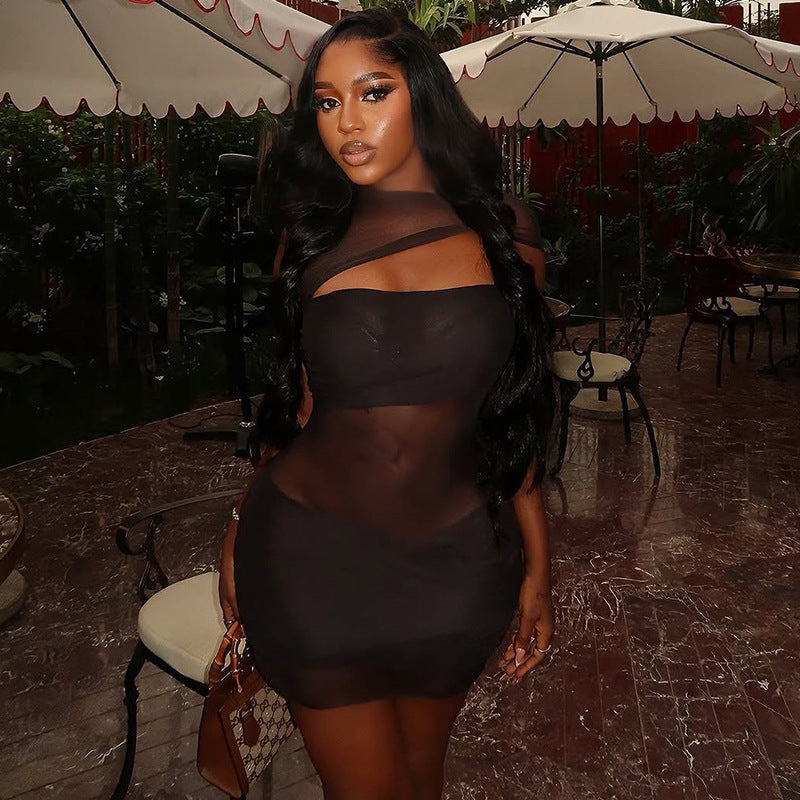 European and American  women's clothing sexy perspective slim mesh hip skirt hollow turtleneck solid color versatile short dress