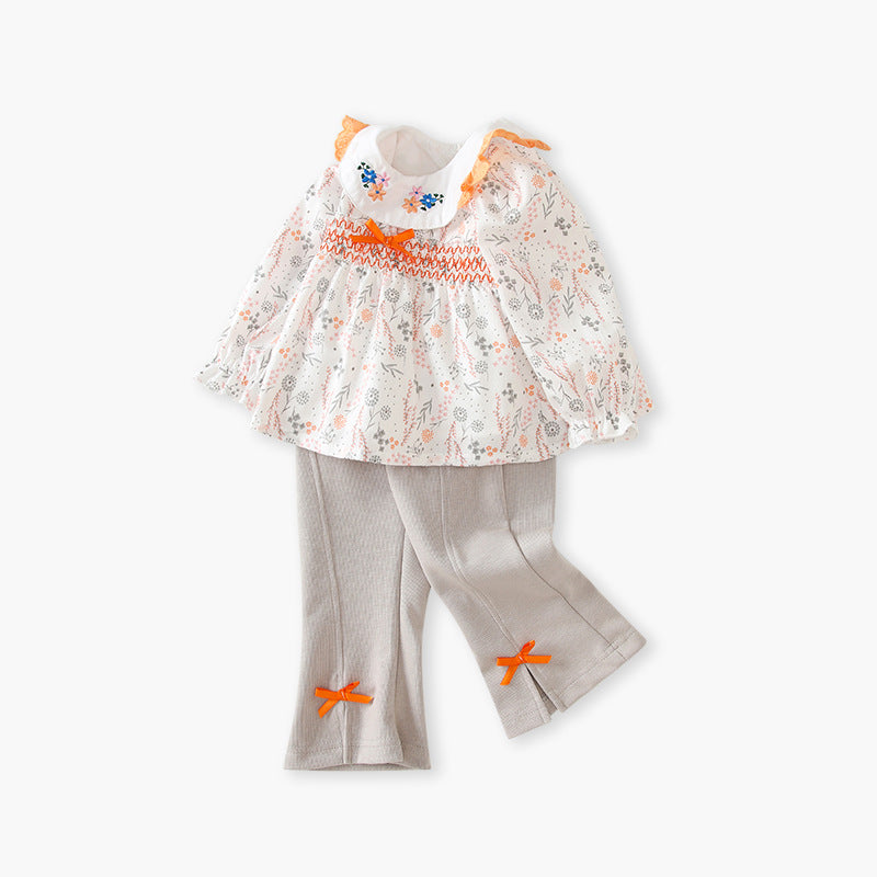 Girls' spring/autumn  new korean style floral embroidered outfit set - long sleeve top & flare pants