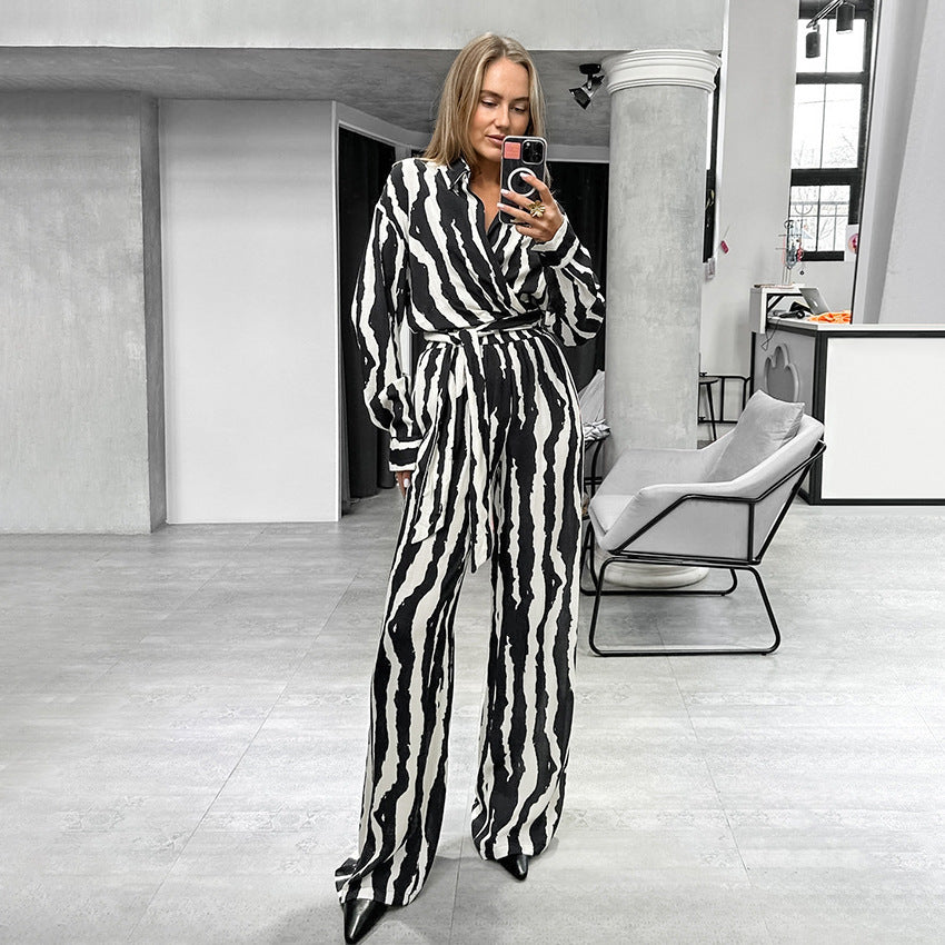 Cross-border European and American zebra pattern printing set 2025 spring fashion lace-up cardigan trousers two-piece casual women's clothing
