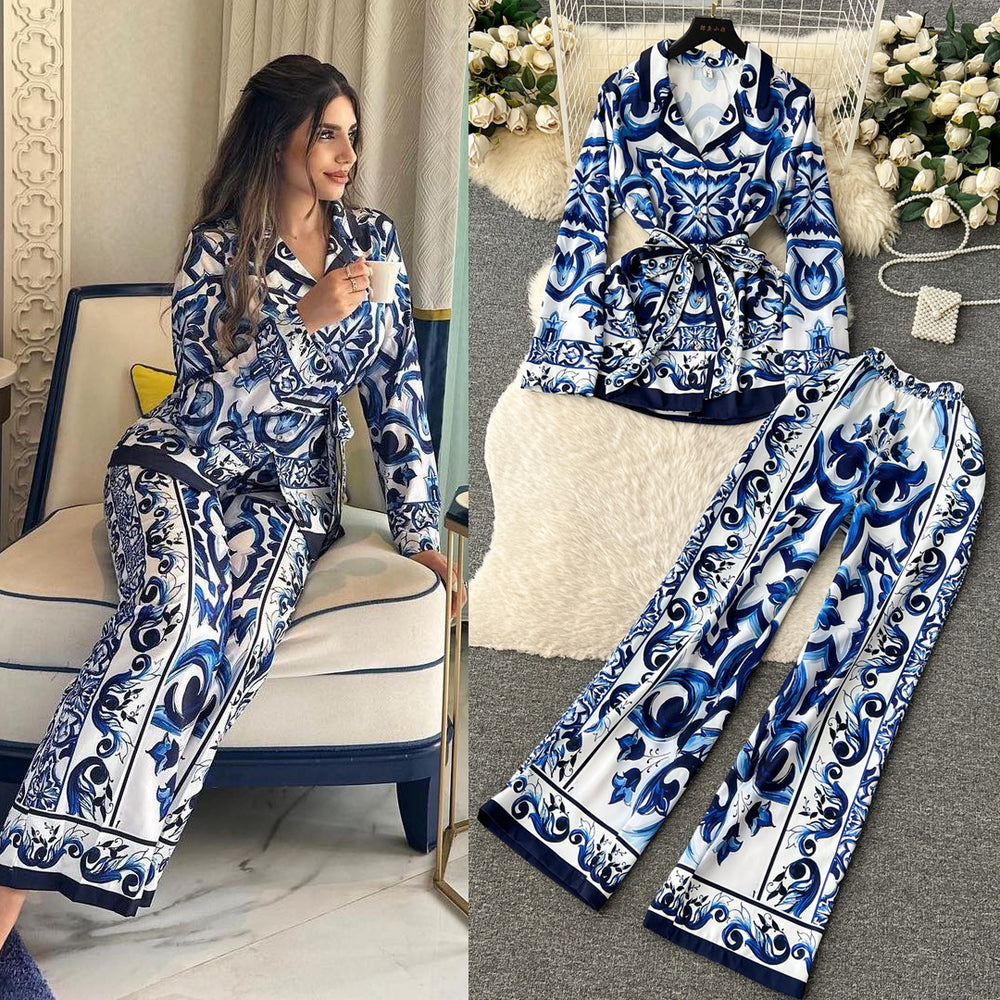 European and american retro chic position print tie-waist collared long sleeve top and high-waisted wide-leg straight pants set for women