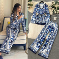 European and american retro chic position print tie-waist collared long sleeve top and high-waisted wide-leg straight pants set for women