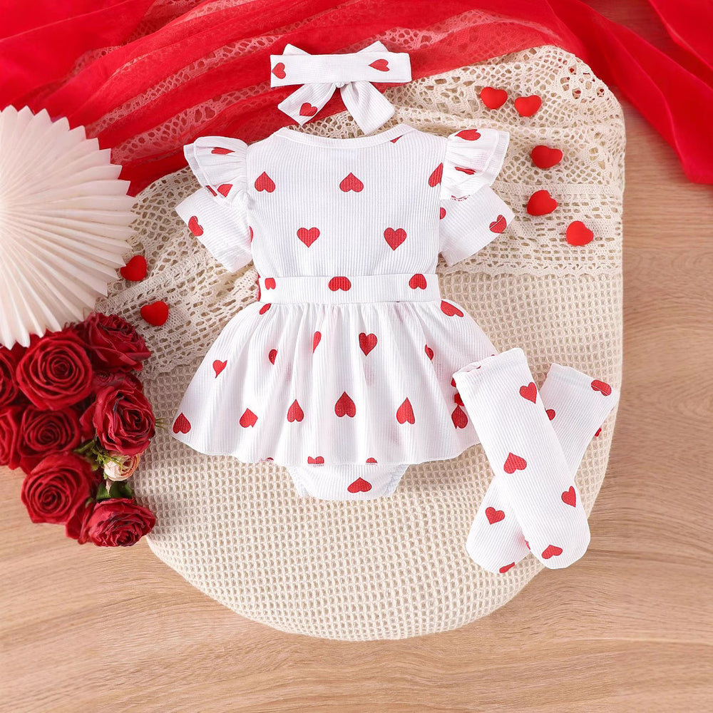 spring newborn infant round neck flutter sleeve heart print bowknot bodysuit, headband, and socks three-piece set