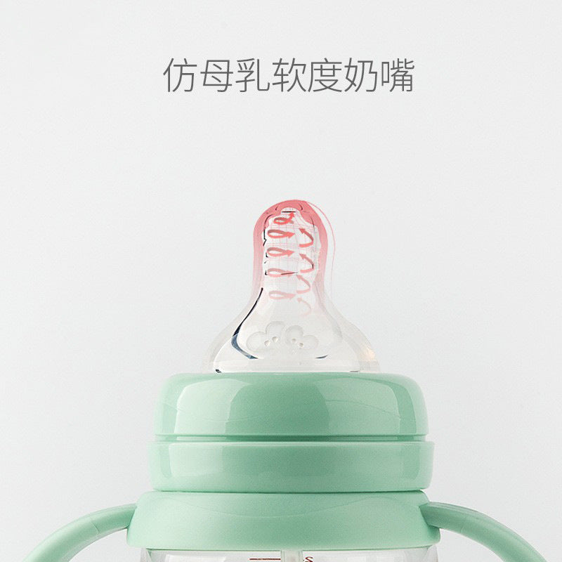 Baohui babibele anti-colic baby bottle, wide-neck plastic feeding bottle with handle and straw