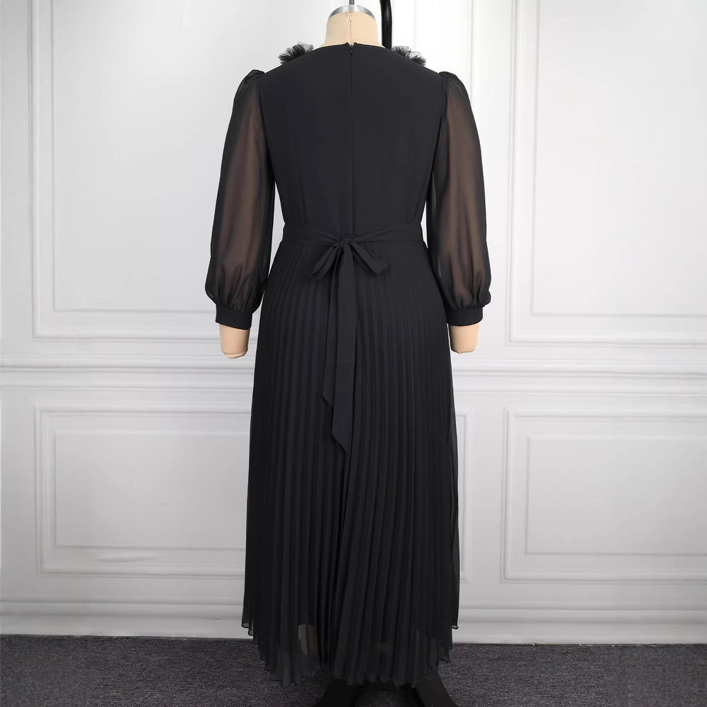African plus size black dress - raw hem design, v-neck, sheer chiffon sleeves, belted pleated skirt