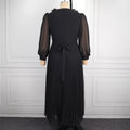 African plus size black dress - raw hem design, v-neck, sheer chiffon sleeves, belted pleated skirt