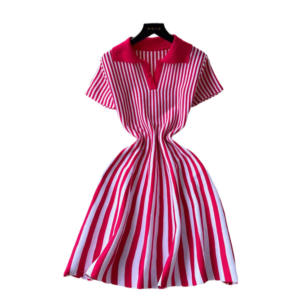 Exportfrenchcontrast colorretro lapel short sleeve stripesknittingdress women's waist elegantslimming looka-line skirt