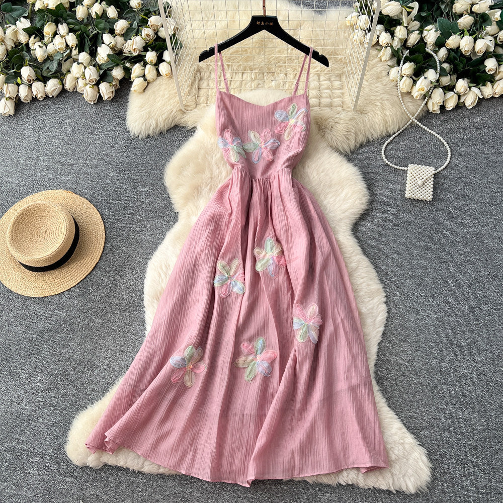 French riviera style sweet cami dress - women's designer dress with intricate 3d floral appliqués and cinched waist