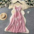 French riviera style sweet cami dress - women's designer dress with intricate 3d floral appliqués and cinched waist