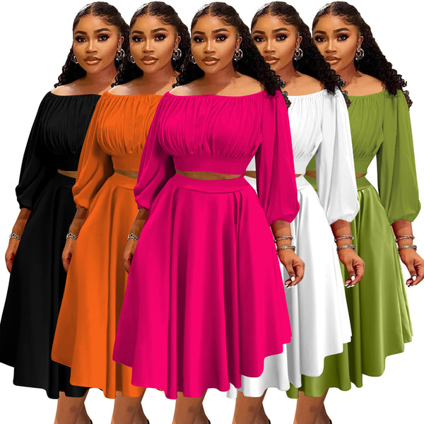 N8129  European and American women's clothing,  off-the-shoulder short top, high waist skirt set, autumn and winter two-piece set
