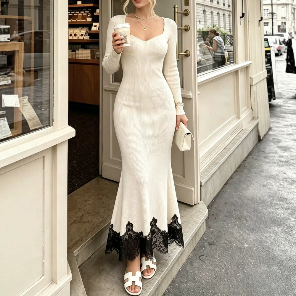 cross-border fashionexportfrenchelegancesexy square neck long sleeveslacepatchwork mermaid dress long skirt