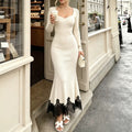 cross-border fashionexportfrenchelegancesexy square neck long sleeveslacepatchwork mermaid dress long skirt