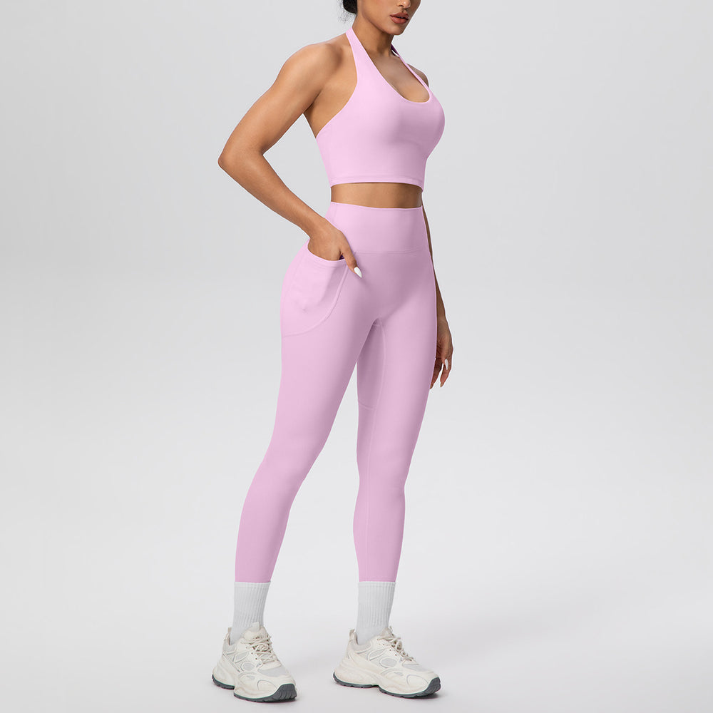 New halter neck backless high-waisted butt-lifting pocket pants activewear set - cloud-like comfort for casual outdoor running, fitness, and yoga