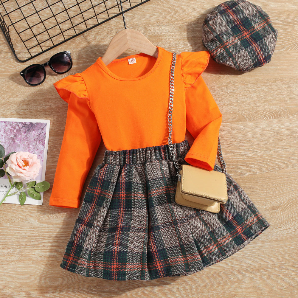 European and american style autumn outfit: girls' ribbed knit pullover top, plaid pleated skirt, and hat three-piece set for cross-border e-commerce