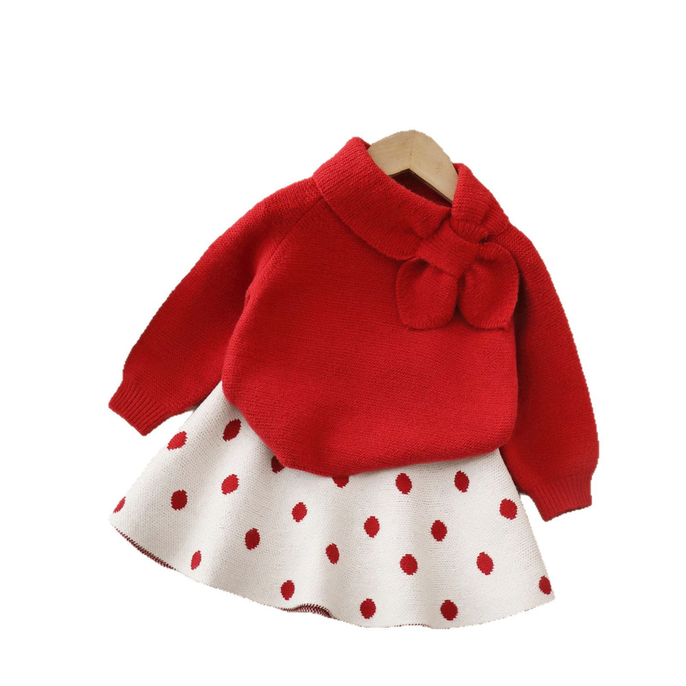 Girls' tweed style two-piece sweater set with bow scarf - autumn/winter new sweet christmas outfit