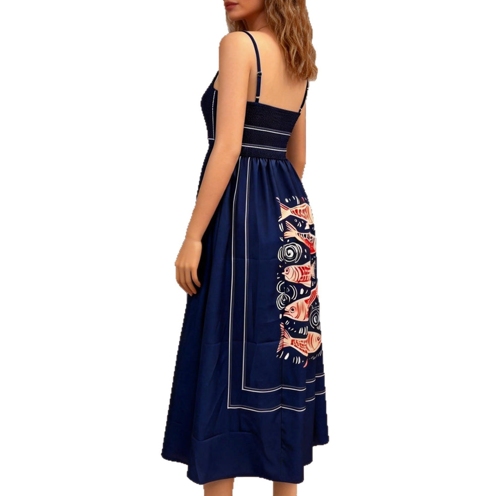 design-forward, niche print cami dress - midi length a-line, vacation style women's dress - perfect for resort looks