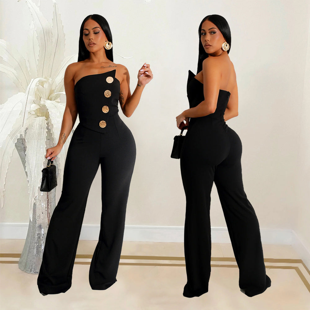 C7105 cross-border   independent station fashion women's sleeveless button jumpsuit pants new