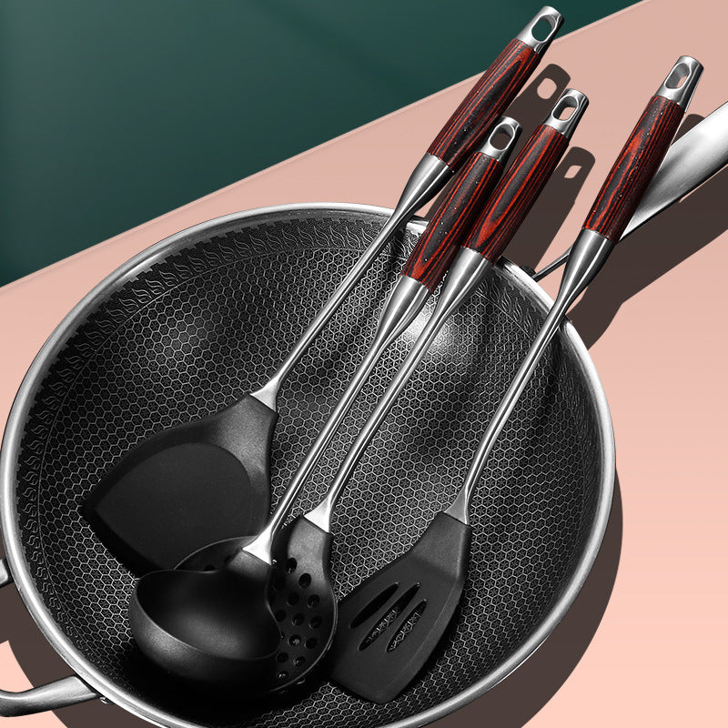 Daoqi 304 stainless steel silicone spatula household kitchen tools high temperature non-stick pan wooden handle cooking spoon spatula