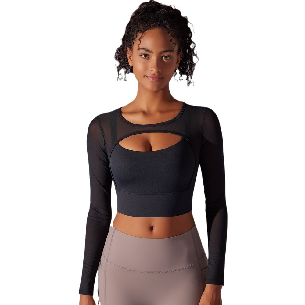 mesh translucent sexy double patchwork tight long sleeves tight elastic yoga wear sports fitness tops for women