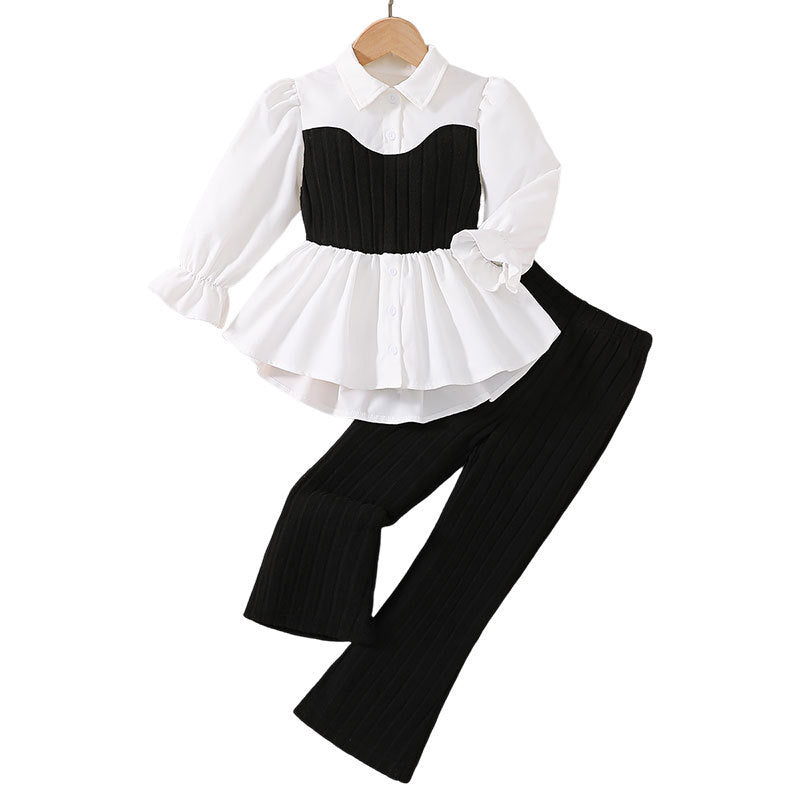Autumnew arrivalkidsshirtvest lacetwo-piece setfashiontweed stylepantsgirllong sleevesk-stylesuit