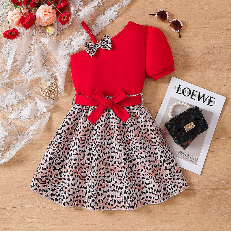 girl summer red shoulder suspender bowstops leopard print short skirt with same color belt suit