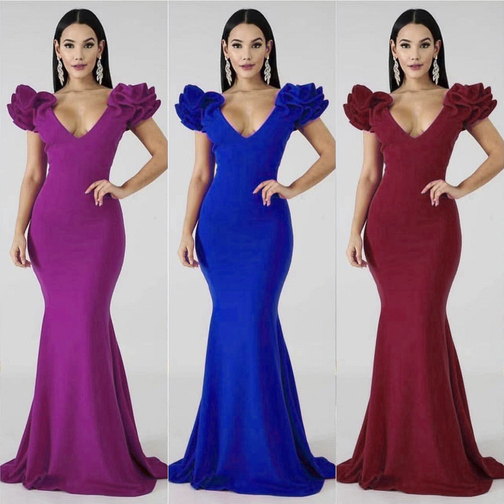 European and american women's clothing    new long dress - figure-flattering, bodycon, african style dress with v-neck and multiple color options