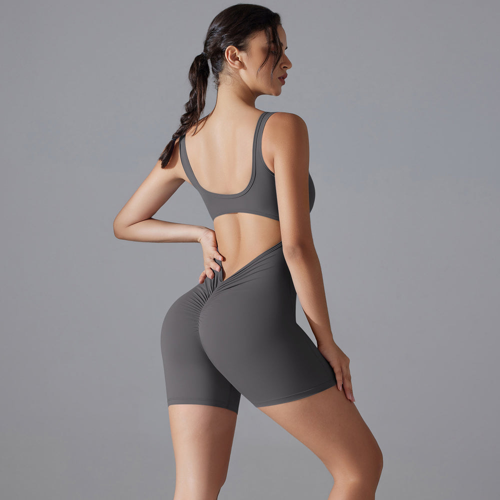 New double-sided nylon seamless high-stretch peach lift solid color v-waist bodycon shorts bodysuit yoga outfit